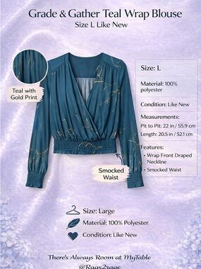 Grade & Gather Teal Wrap Blouse Gold Print Size L Boho Sheer Top